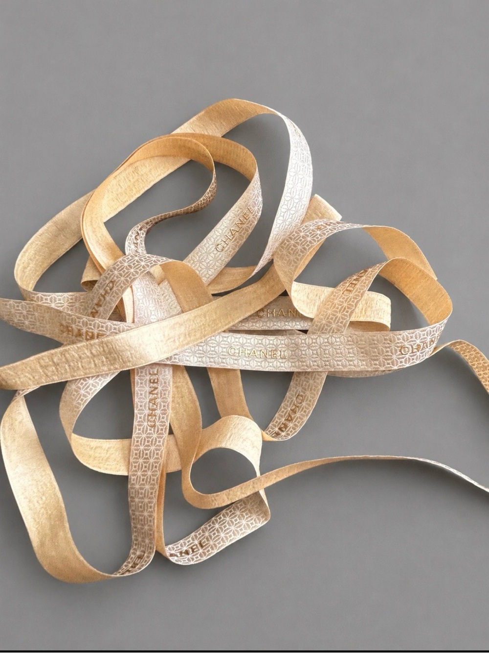 CHANEL 3 Yard Holiday Gift Ribbon Gold Beige Logo Satin Craft Wrap Decor